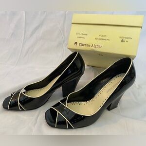 EUC Etienne Aigner black patent leather peep toe heels